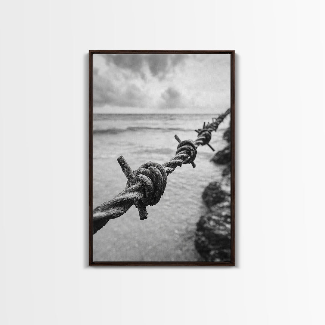 Barbed Wire, ocean view, rustic decor, coastal cowgirl wall art, wabi sabi art, moody photography, framed canvas print, minimalist art