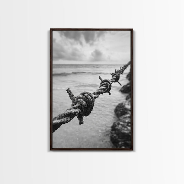 Barbed Wire, ocean view, rustic decor, coastal cowgirl wall art, wabi sabi art, moody photography, framed canvas print, minimalist art
