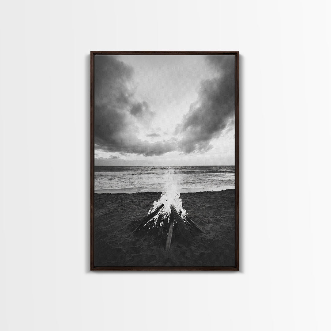 Beach Bonfire, coastal landscape art, rustic decor, moody art, dramatic seascape, black and white, framed canvas print, nautical wall art