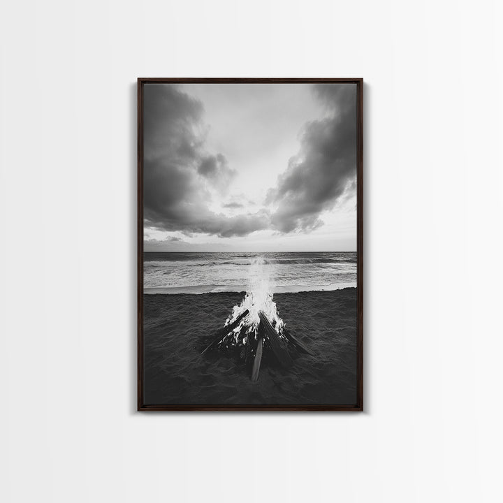 Beach Bonfire, coastal landscape art, rustic decor, moody art, dramatic seascape, black and white, framed canvas print, nautical wall art