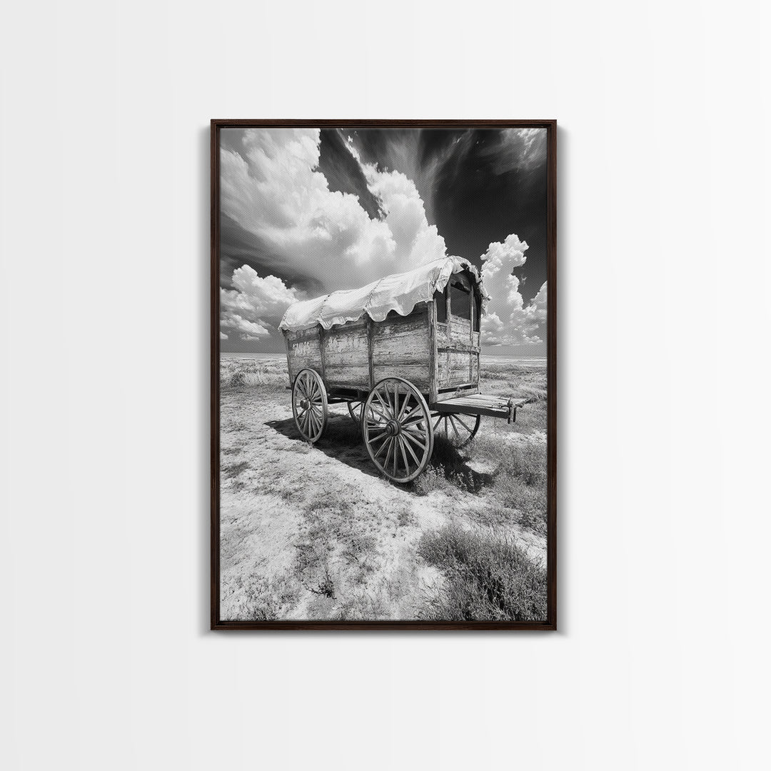 Covered wagon photography, rustic decor, framed canvas print, southwest wall art, farmhouse art, western aesthetic, black and white photography