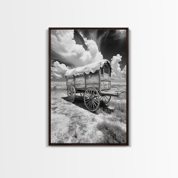 Covered wagon photography, rustic decor, framed canvas print, southwest wall art, farmhouse art, western aesthetic, black and white photography