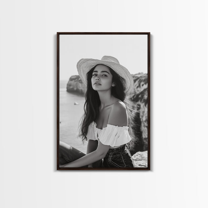 Coastal cowgirl wall art, boho art, framed canvas print, ocean photography, rustic decor, beach aesthetic, seascape painting, black and white art