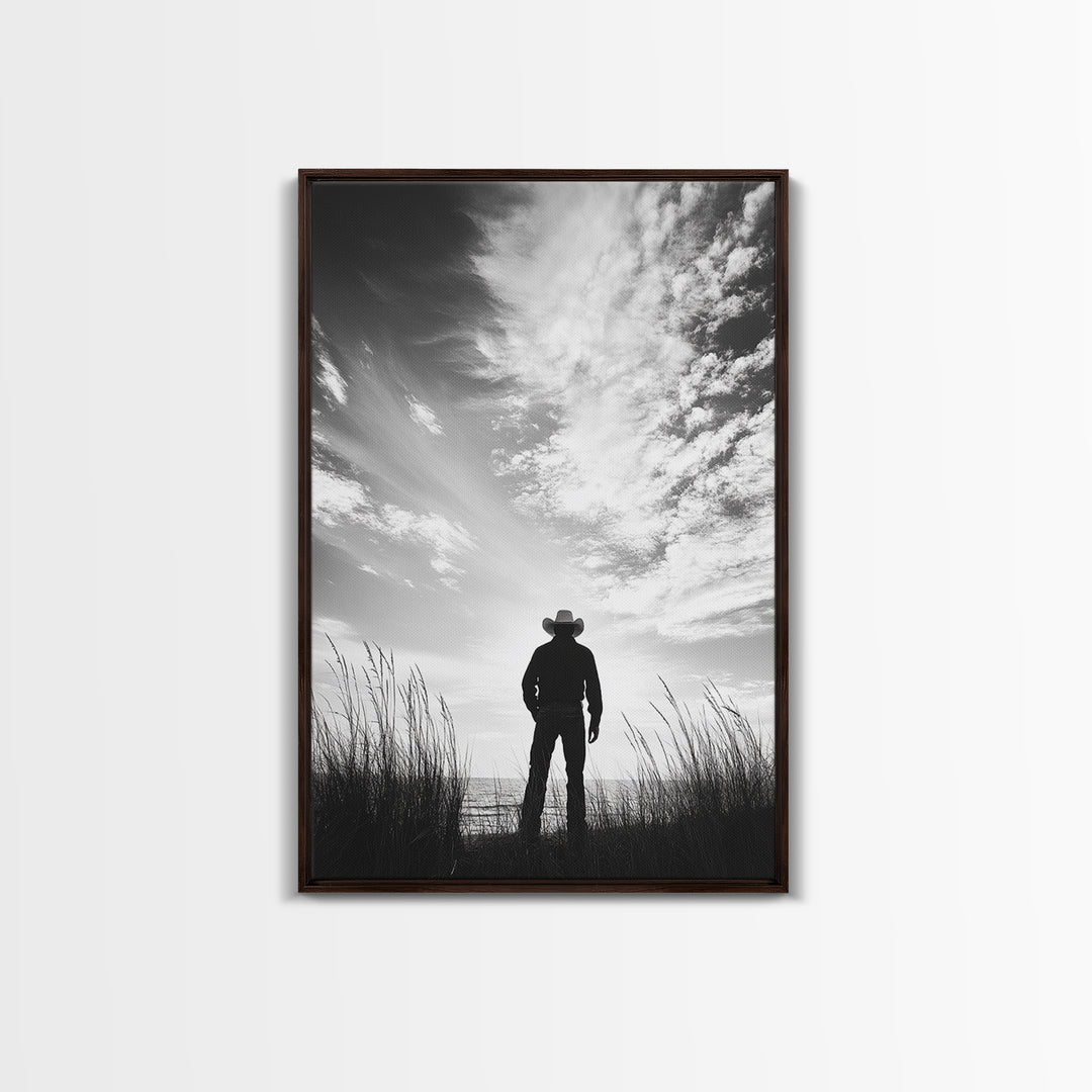 Lone Cowboy, coastal cowgirl wall art, moody art, western art, rustic decor, wabi sabi art, framed canvas print, extra wide art