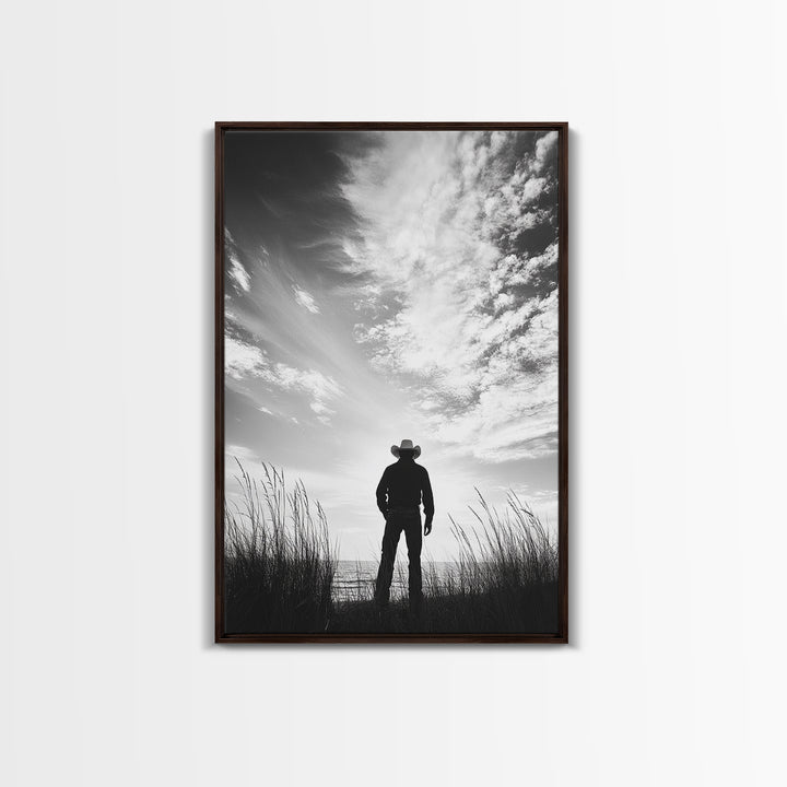 Lone Cowboy, coastal cowgirl wall art, moody art, western art, rustic decor, wabi sabi art, framed canvas print, extra wide art