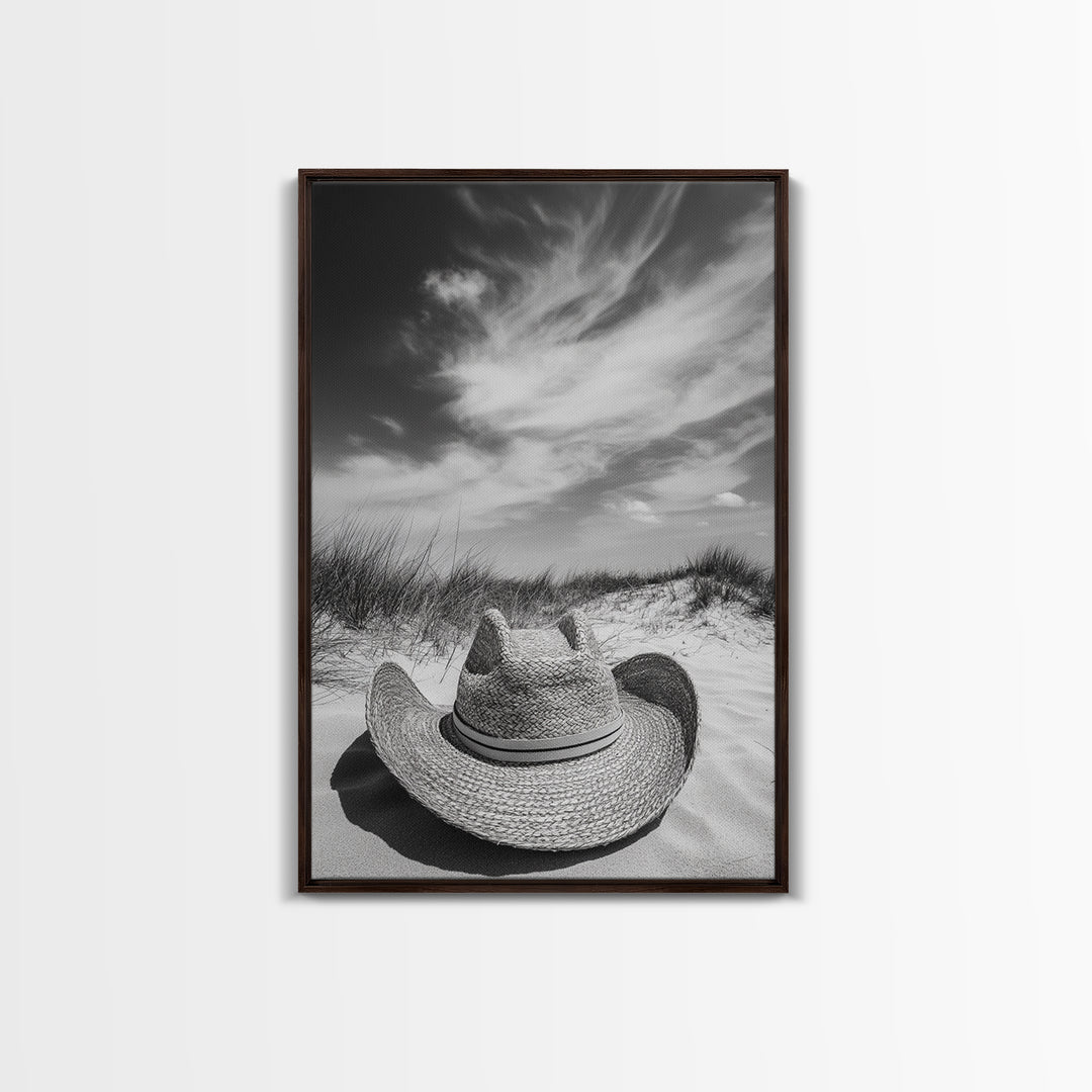 Straw Hat, coastal cowgirl wall art, wabi sabi art, beach photography, western decor, rustic art, framed canvas print, minimalist art