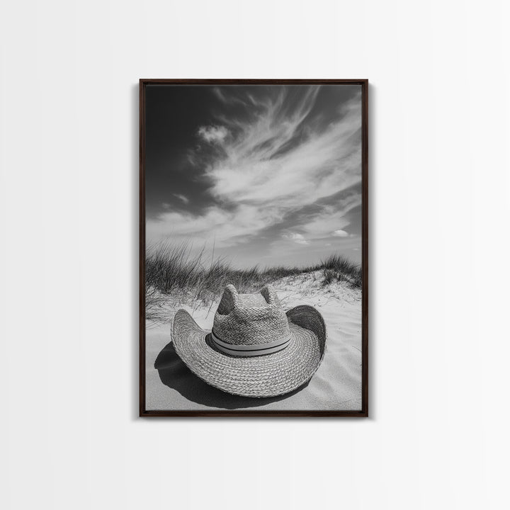 Straw Hat, coastal cowgirl wall art, wabi sabi art, beach photography, western decor, rustic art, framed canvas print, minimalist art