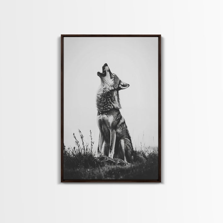 Howling Wolf, wildlife art, moody art, rustic decor, nature photography, black and white animal print, framed canvas print, minimalist art