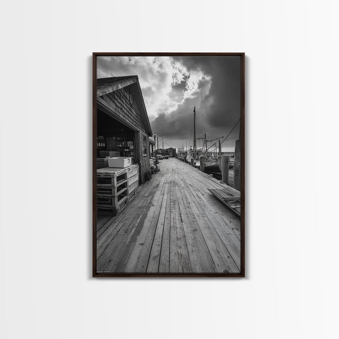 Fishing Dock, coastal decor, nautical wall art, seascape painting, rustic wall art, Nantucket painting, framed canvas print, horizontal art