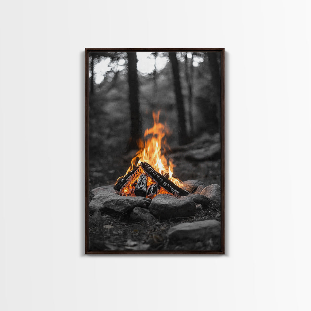 Campfire, rustic art, outdoor adventure, framed canvas print, wilderness decor, bonfire night, cozy cabin wall art, moody art, fall vibes