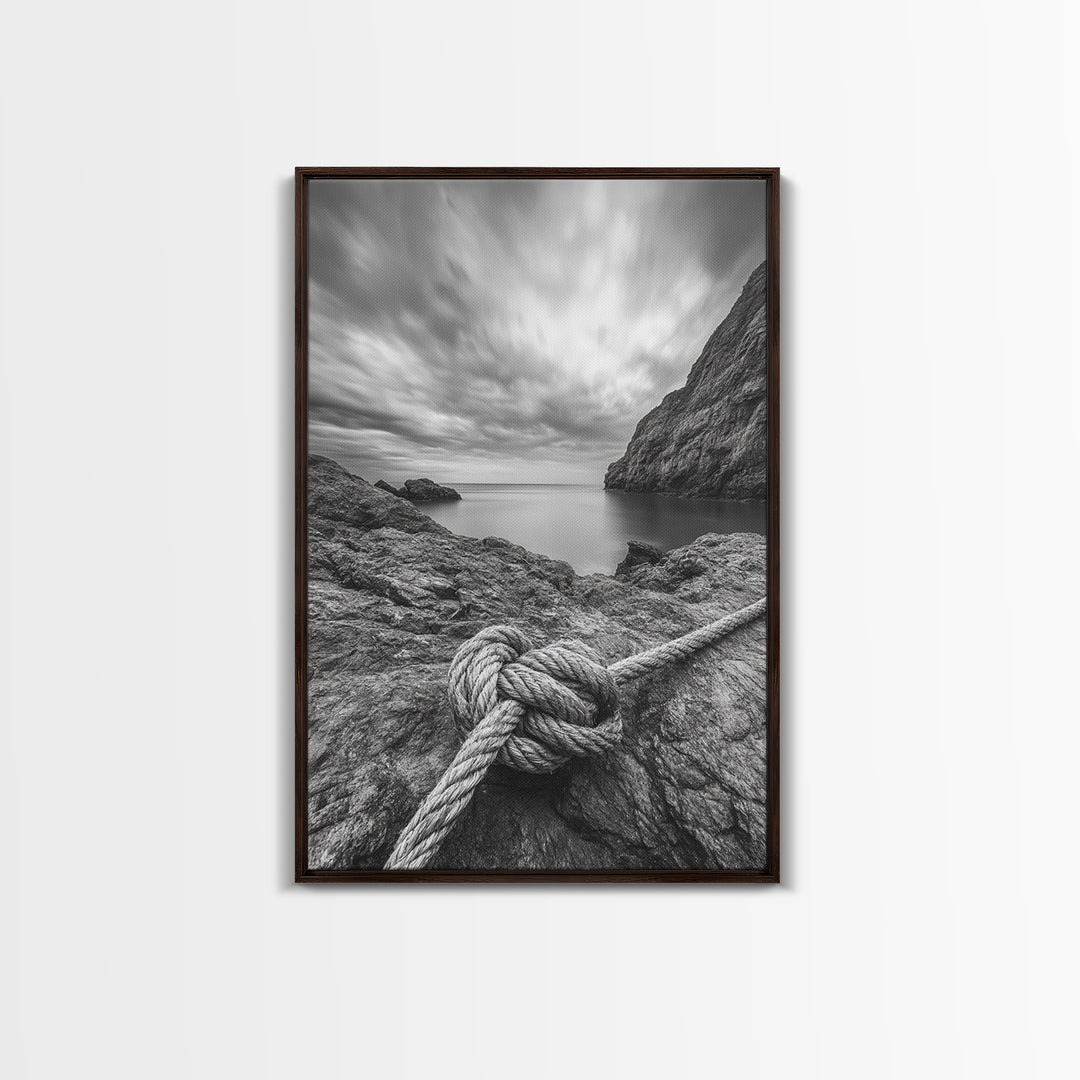 Nautical art, rope knot, coastal decor, moody art, wabi sabi art, rustic photography, living room art, canvas print, panoramic wall art