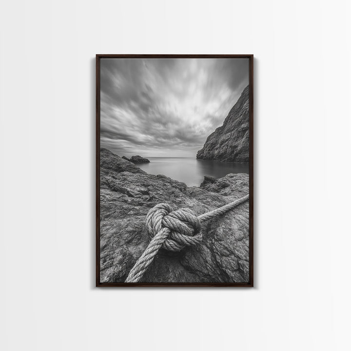 Nautical art, rope knot, coastal decor, moody art, wabi sabi art, rustic photography, living room art, canvas print, panoramic wall art