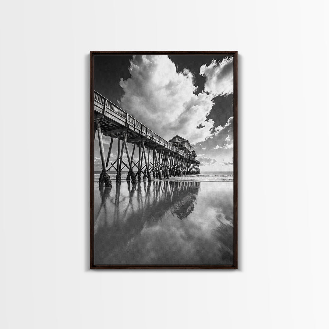 Pier reflection, seascape painting, nautical decor, rustic wall art, black and white photography, extra wide art, framed canvas print