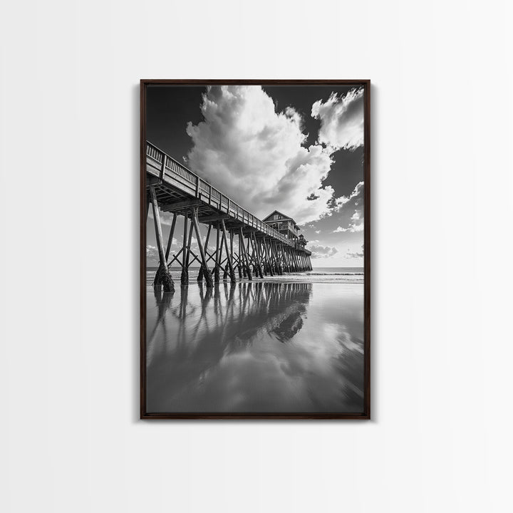 Pier reflection, seascape painting, nautical decor, rustic wall art, black and white photography, extra wide art, framed canvas print