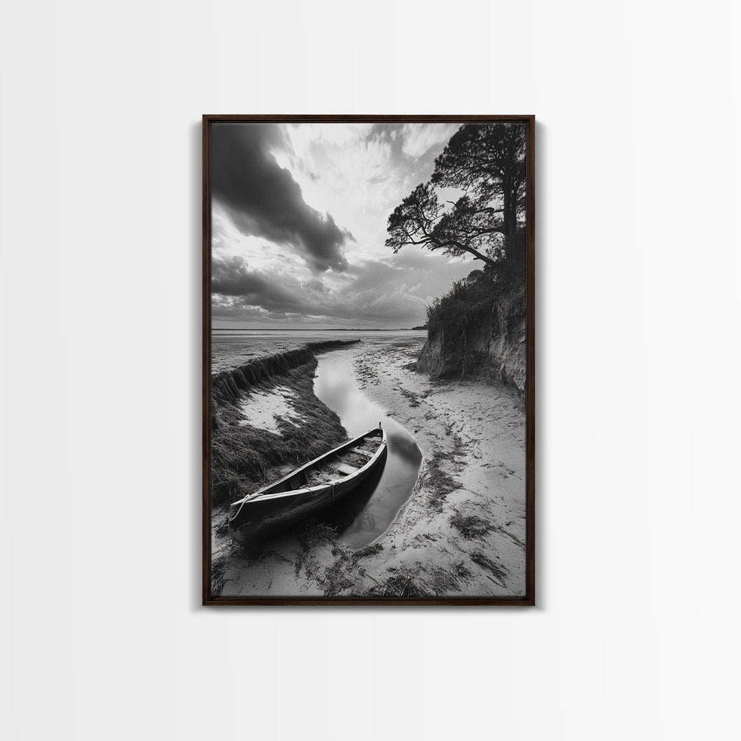 Abandoned boat, coastal decor, moody art, wabi sabi wall art, nature photography, nautical art, black and white wall art, canvas print