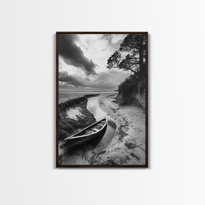 Abandoned boat, coastal decor, moody art, wabi sabi wall art, nature photography, nautical art, black and white wall art, canvas print