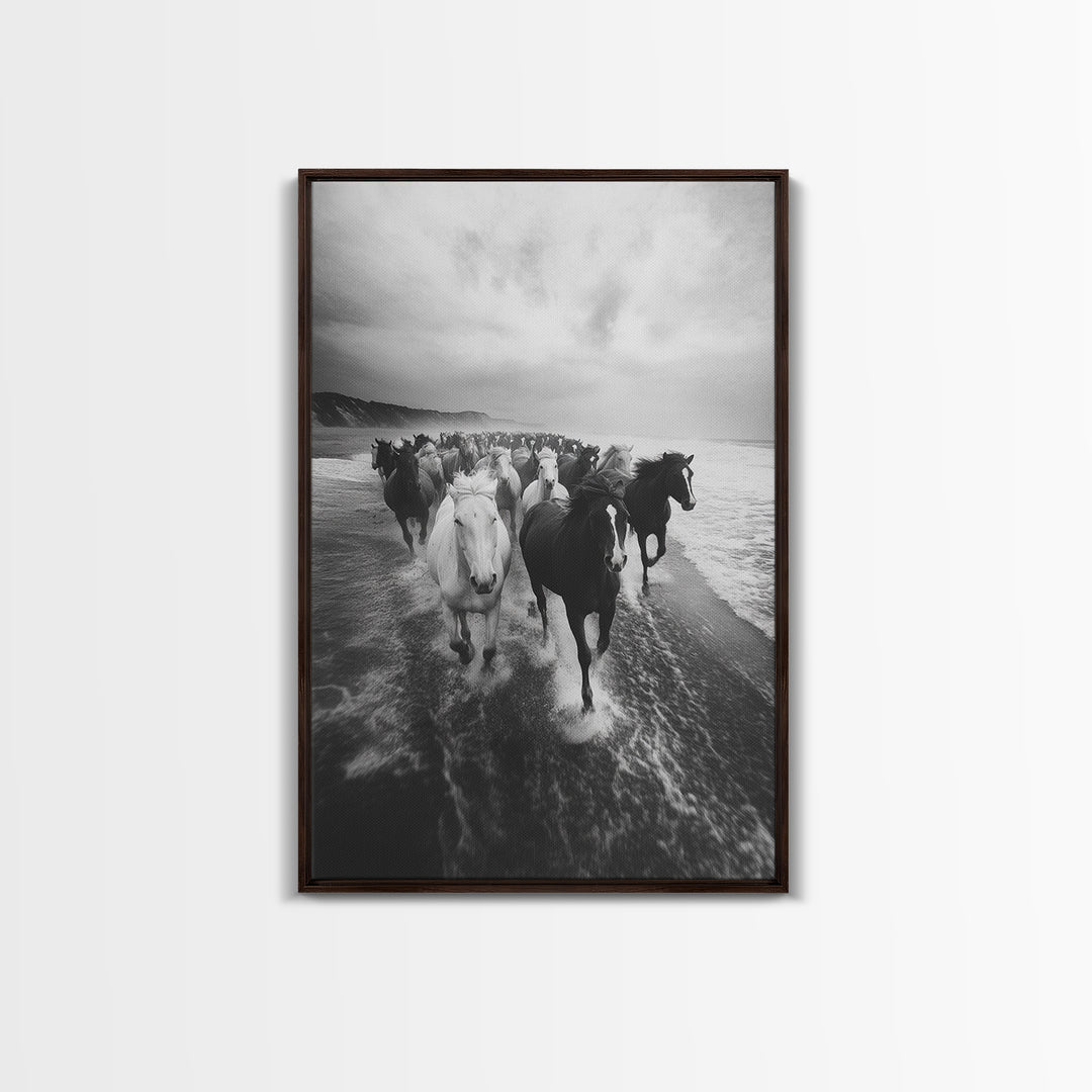 Horse wall art, wild mustangs, moody art, rustic decor, nature photography, black and white art, panoramic art, canvas print, living room art