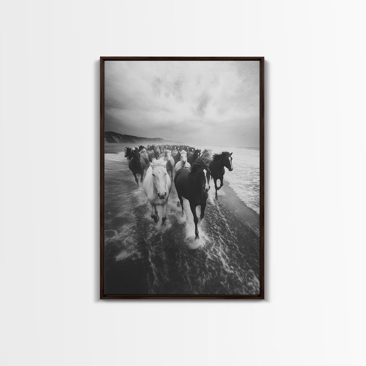 Horse wall art, wild mustangs, moody art, rustic decor, nature photography, black and white art, panoramic art, canvas print, living room art