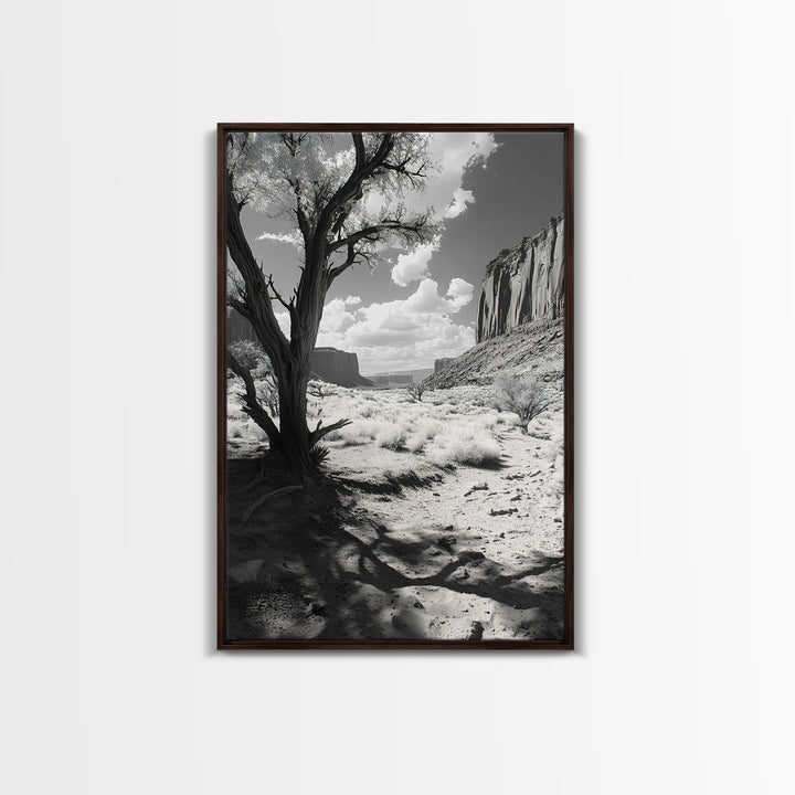 Desert landscape, Joshua tree art, western wall art, framed canvas print, southwest decor, black and white nature, rustic desert scene