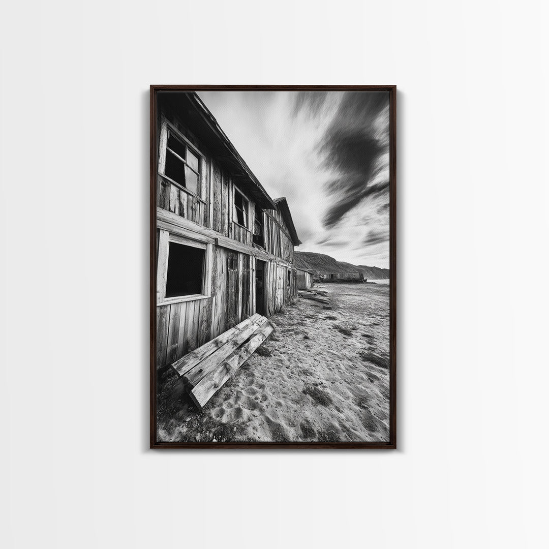 Rustic barn, farmhouse art, abandoned building, vintage Christmas, moody art, black and white wall art, wabi sabi wall art, framed canvas print
