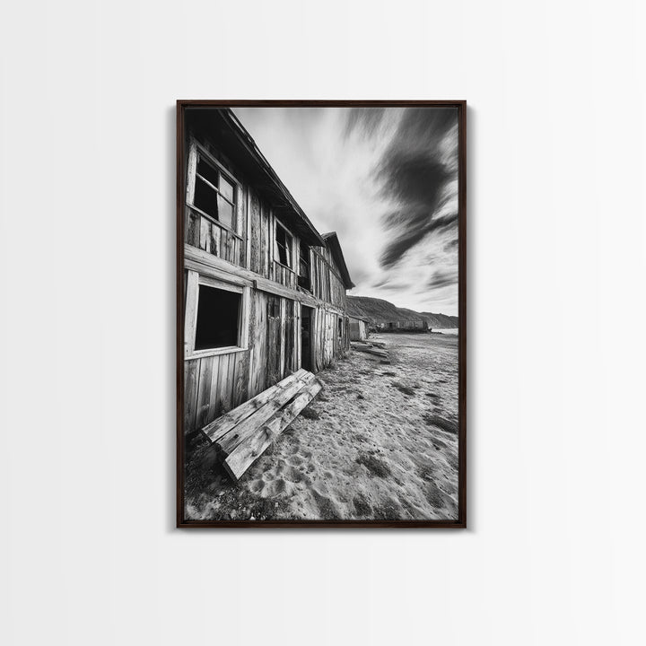 Rustic barn, farmhouse art, abandoned building, vintage Christmas, moody art, black and white wall art, wabi sabi wall art, framed canvas print