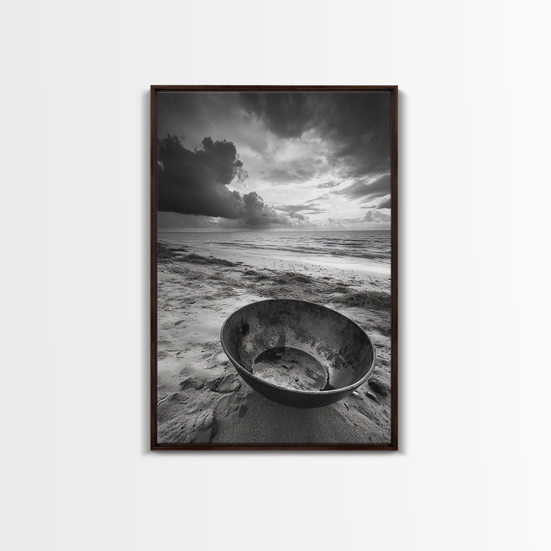 Beach bowl, wabi sabi wall art, coastal decor, moody art, minimalist art, black and white photography, framed canvas print, extra wide art