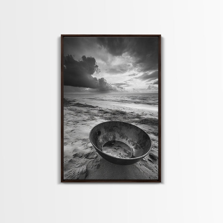 Beach bowl, wabi sabi wall art, coastal decor, moody art, minimalist art, black and white photography, framed canvas print, extra wide art