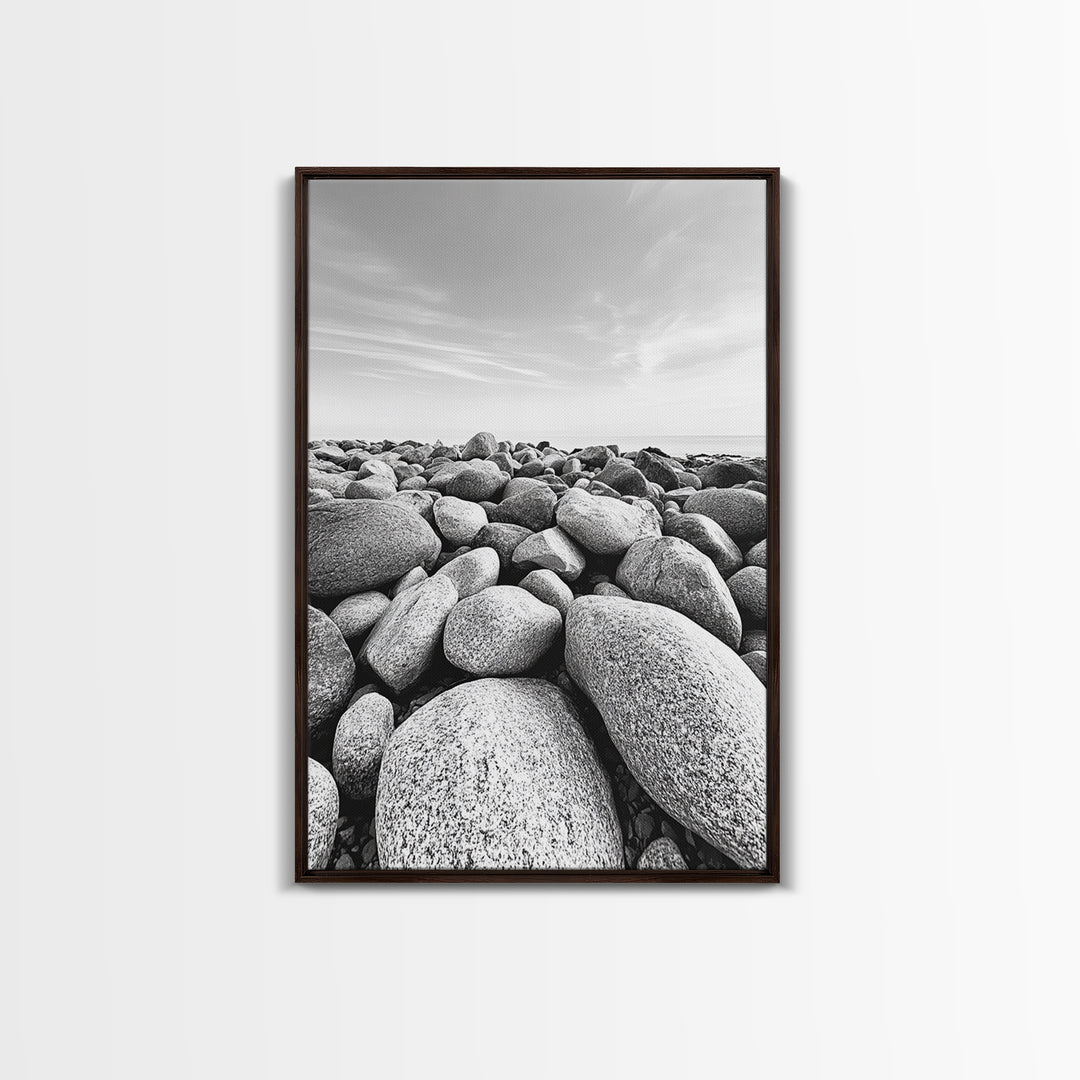 Stone beach, coastal landscape art, black and white art, wabi sabi wall art, minimalist art, nature photography, framed canvas print