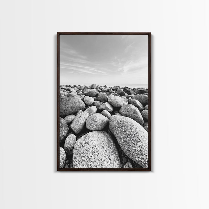 Stone beach, coastal landscape art, black and white art, wabi sabi wall art, minimalist art, nature photography, framed canvas print
