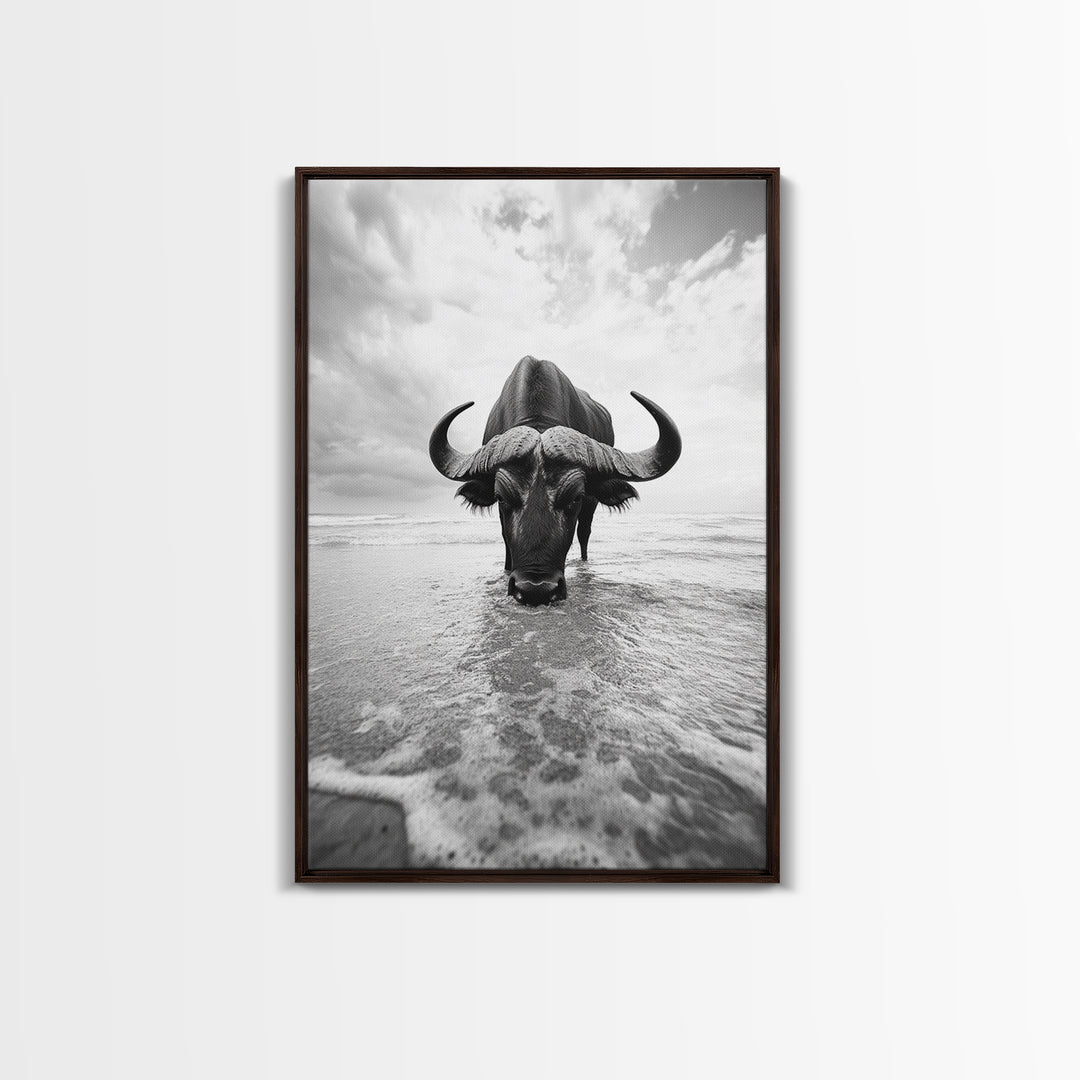 Buffalo art, bull and bear art, moody photography, black and white wall art, unique wildlife art, wabi sabi art, canvas print, farmhouse decor