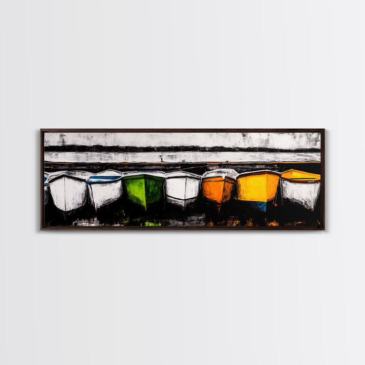 Boats at Dock, nautical painting, coastal wall art, rustic art, extra wide art, panoramic painting, above sofa art, Canvas Print