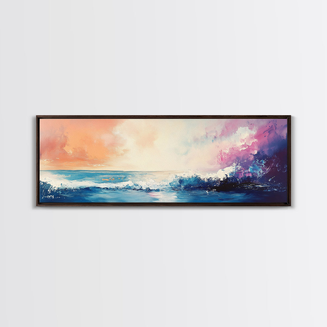Ocean Sunset Waves, coastal painting, seascape painting, nautical wall art, pink orange wall art, extra wide art, Canvas Print