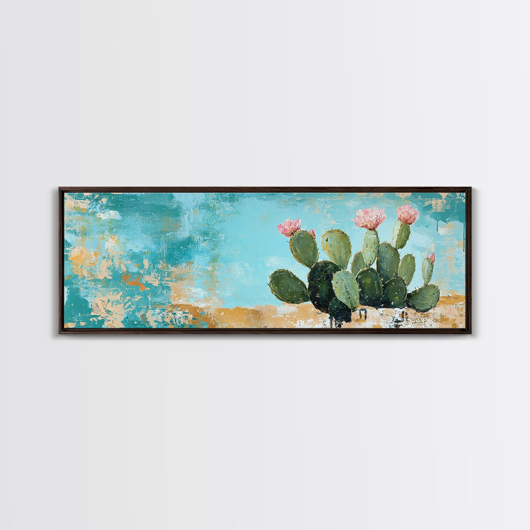 Blooming Cactus, agave painting, botanical prints, desert landscape art, teal wall art, wabi sabi art, rustic decor, Framed Canvas Print