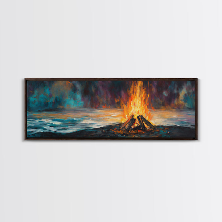 Bonfire, moody art, coastal landscape art, rustic decor, extra wide art, above bed wall art, gift idea for him, Canvas Print