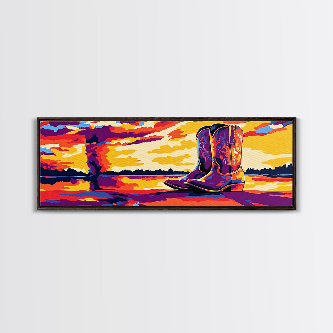 Cowboy Boots Art, Pink Orange Wall Art, Coastal Cowgirl Wall Art, Framed Canvas Print, Western Decor, Extra Wide Art, Rustic Art