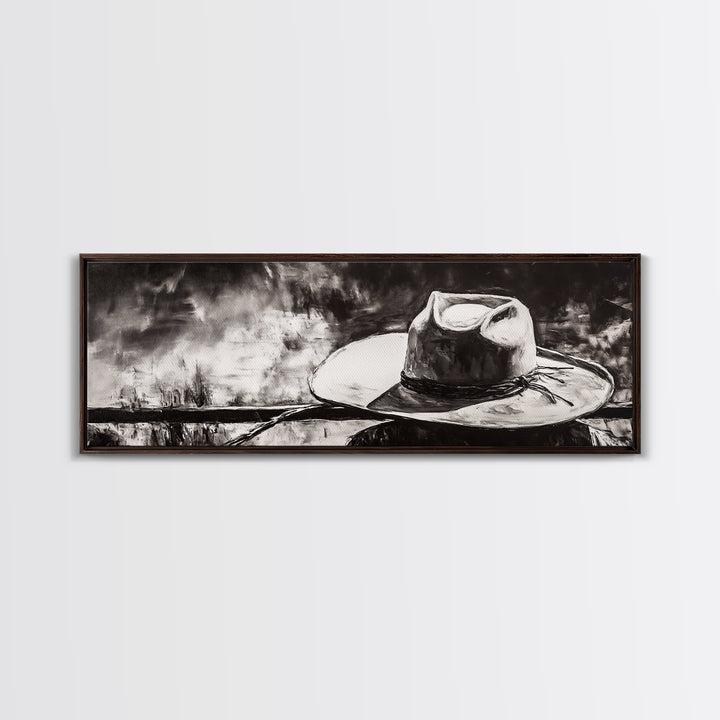 Western Hat Art, Black and White Art, Framed Canvas Print, Rustic Wall Art, Wabi Sabi Art, Extra Wide Art, Minimalist Art