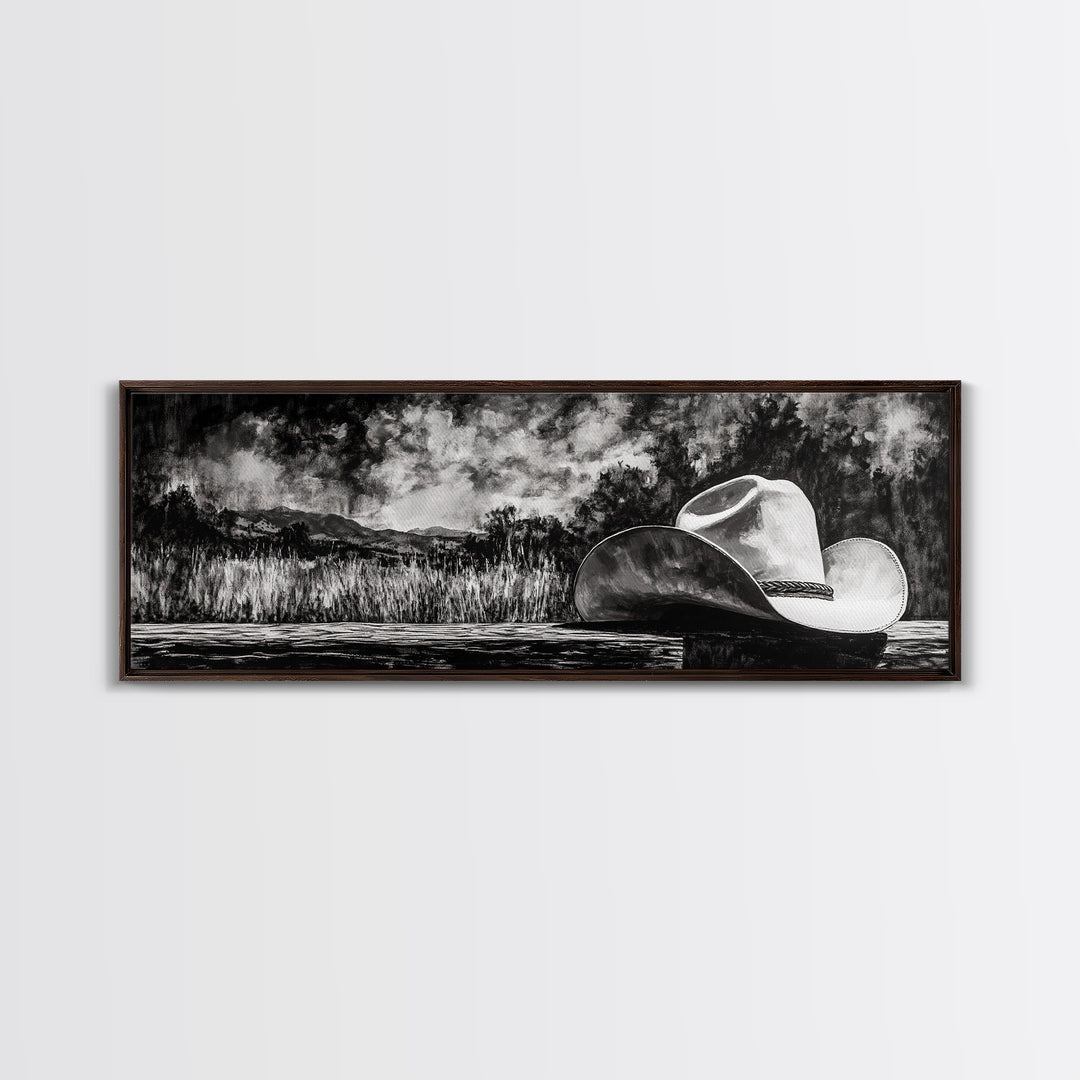 Black and White Art, cowboy hat painting, rustic decor, farmhouse art, extra wide art, panoramic art, framed canvas print, landscape painting