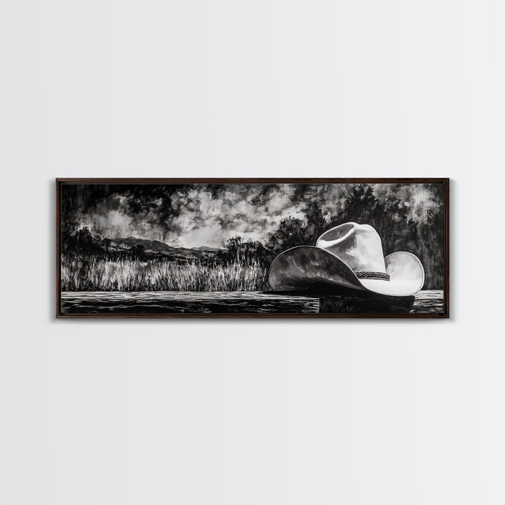 Black and White Art, cowboy hat painting, rustic decor, farmhouse art, extra wide art, panoramic art, framed canvas print, landscape painting