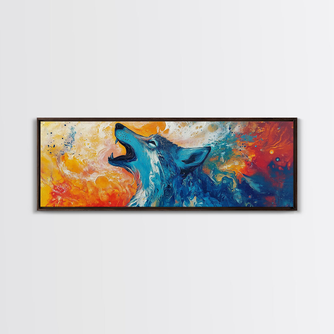 Abstract Wolf Art, moody art, blue and green wall art, extra wide art, framed canvas print, panoramic painting, rustic decor, southwest wall art