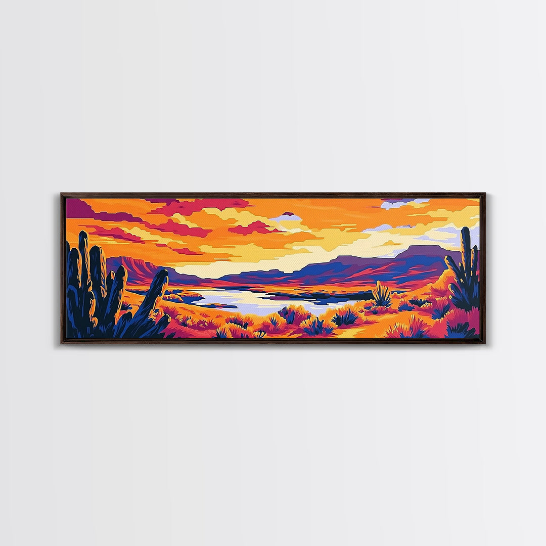 Desert Landscape Art, Joshua tree art, southwest wall art, extra wide art, panoramic painting, framed canvas print, rustic wall art, sunset painting