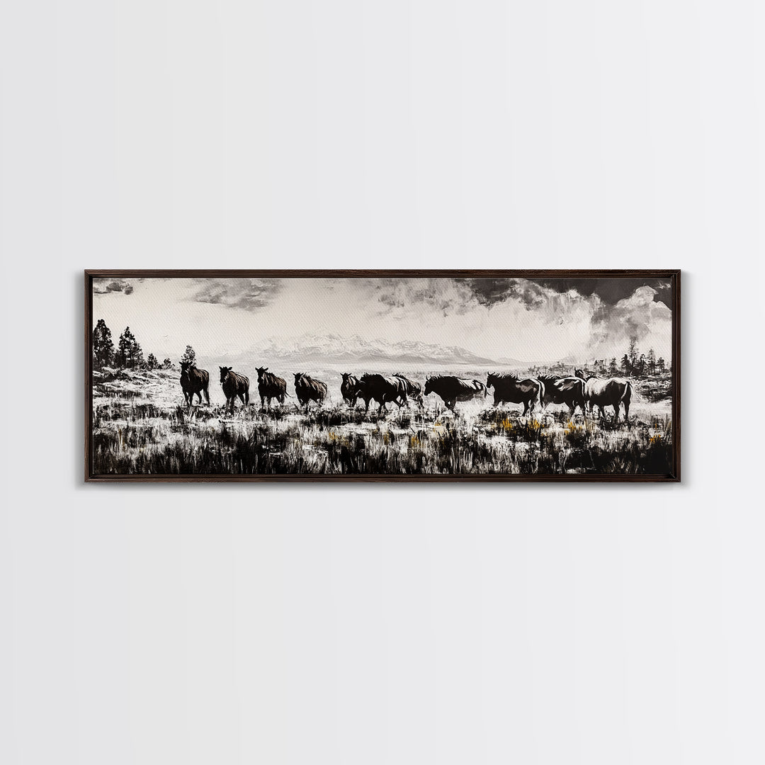 Black And White Wall Art, Framed Canvas Print, Vintage Horse Art, Rustic Wall Art, Extra Wide Art, Moody Art, Western Art, Above Bed Art