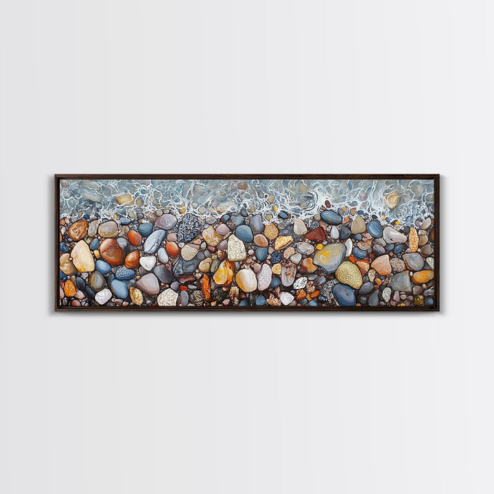 Coastal decor, ocean pebble art, beach rock painting, nautical wall art, seascape painting, long narrow wall art, canvas print