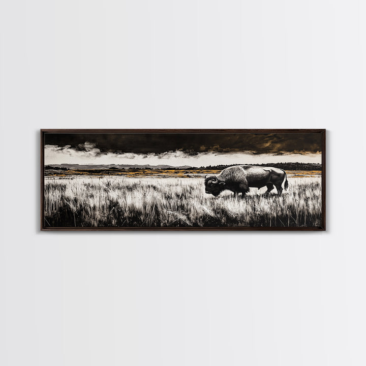Bison painting, rustic art, black and white wall art, moody art, western decor, panoramic painting, extra wide art, framed canvas print