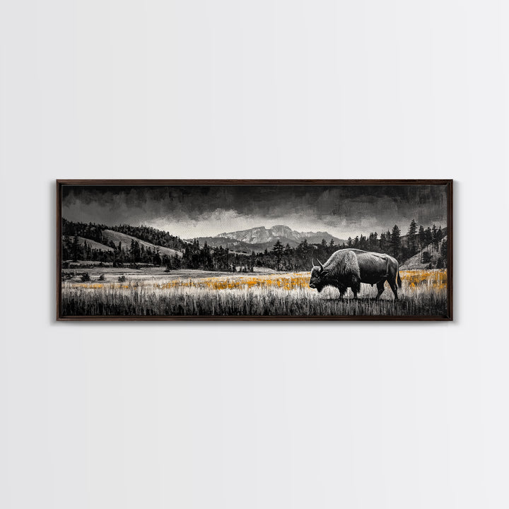 Bison art, mountain painting, black and white western art, farmhouse art, smoky mountain art, extra wide art, framed canvas print