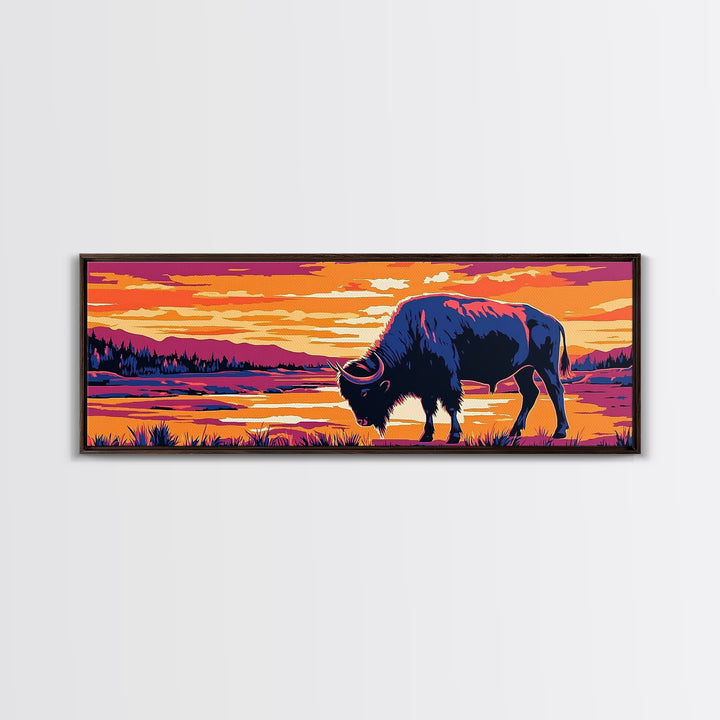 Buffalo painting, southwest wall art, rustic decor, pink orange wall art, cowboy art, above couch art, extra wide art, canvas print