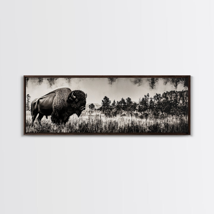 Bison landscape, black and white western painting, rustic decor, extra wide art, smoky mountain art, panoramic painting, framed canvas print