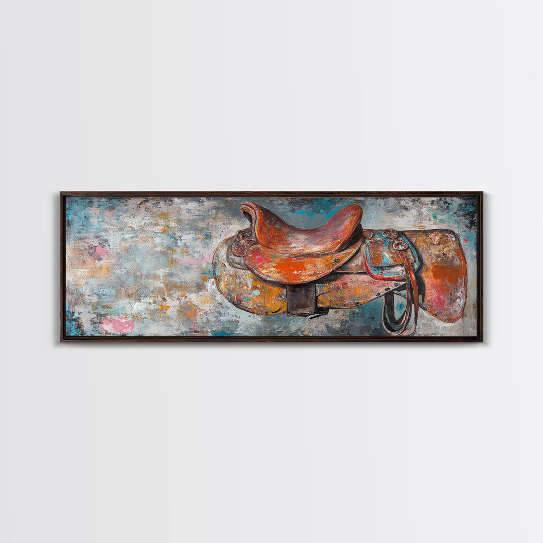 Abstract Saddle, horse wall art, abstract art, rustic decor, extra wide art, framed canvas print, above sofa art, living room decor