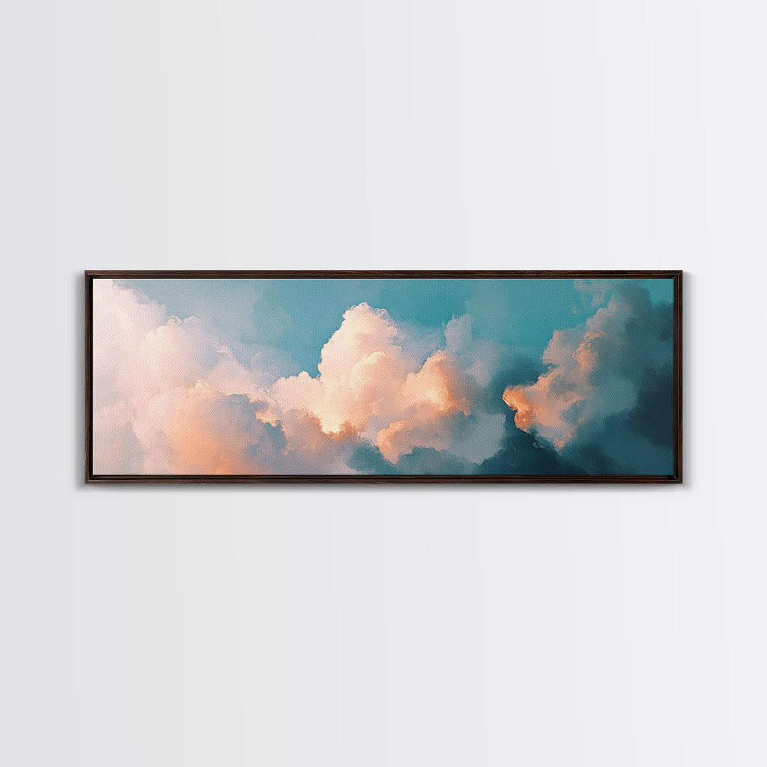 Cloud painting, sky wall art, soft pastel art, extra wide art, bedroom art, panoramic painting, framed canvas print, wabi sabi art