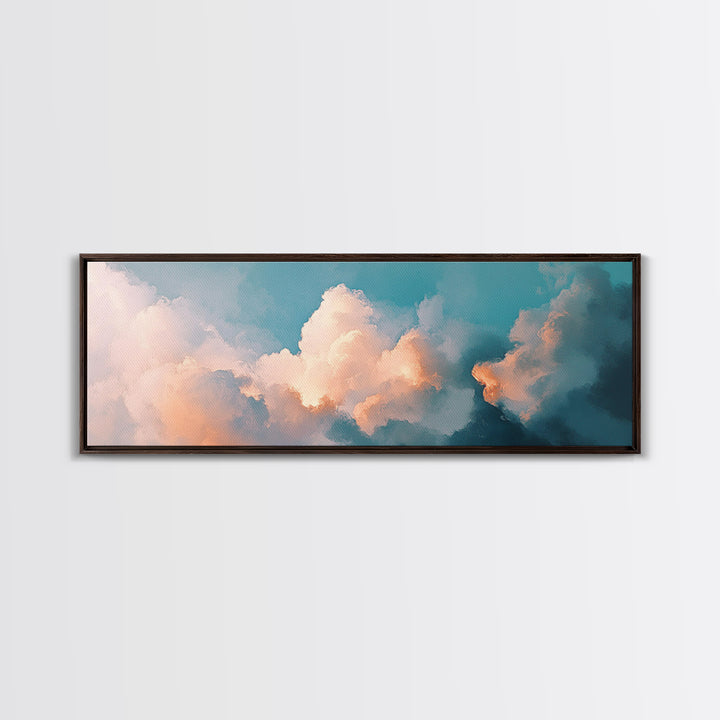 Cloud painting, sky wall art, soft pastel art, extra wide art, bedroom art, panoramic painting, framed canvas print, wabi sabi art