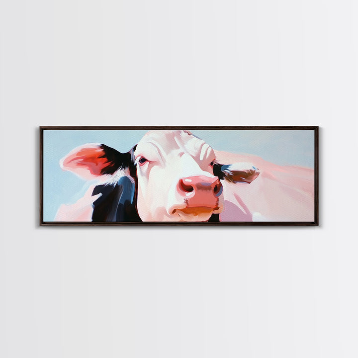 Cow painting, farmhouse art, rustic decor, barn landscape oil painting, extra wide art, framed canvas print, whimsical art, light pink wall art